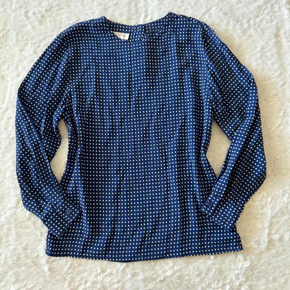 Retro Jones New York Blouse Women 10 Blue Polka Dot Rayon Satin Long Sleeve Top